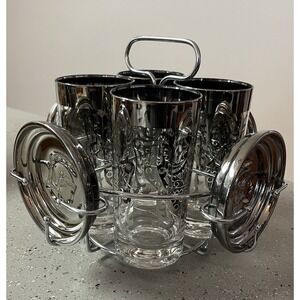 Vintage Kimiko Silver Crest MCM Barware Highball Glasses, Coasters & Caddy MINT